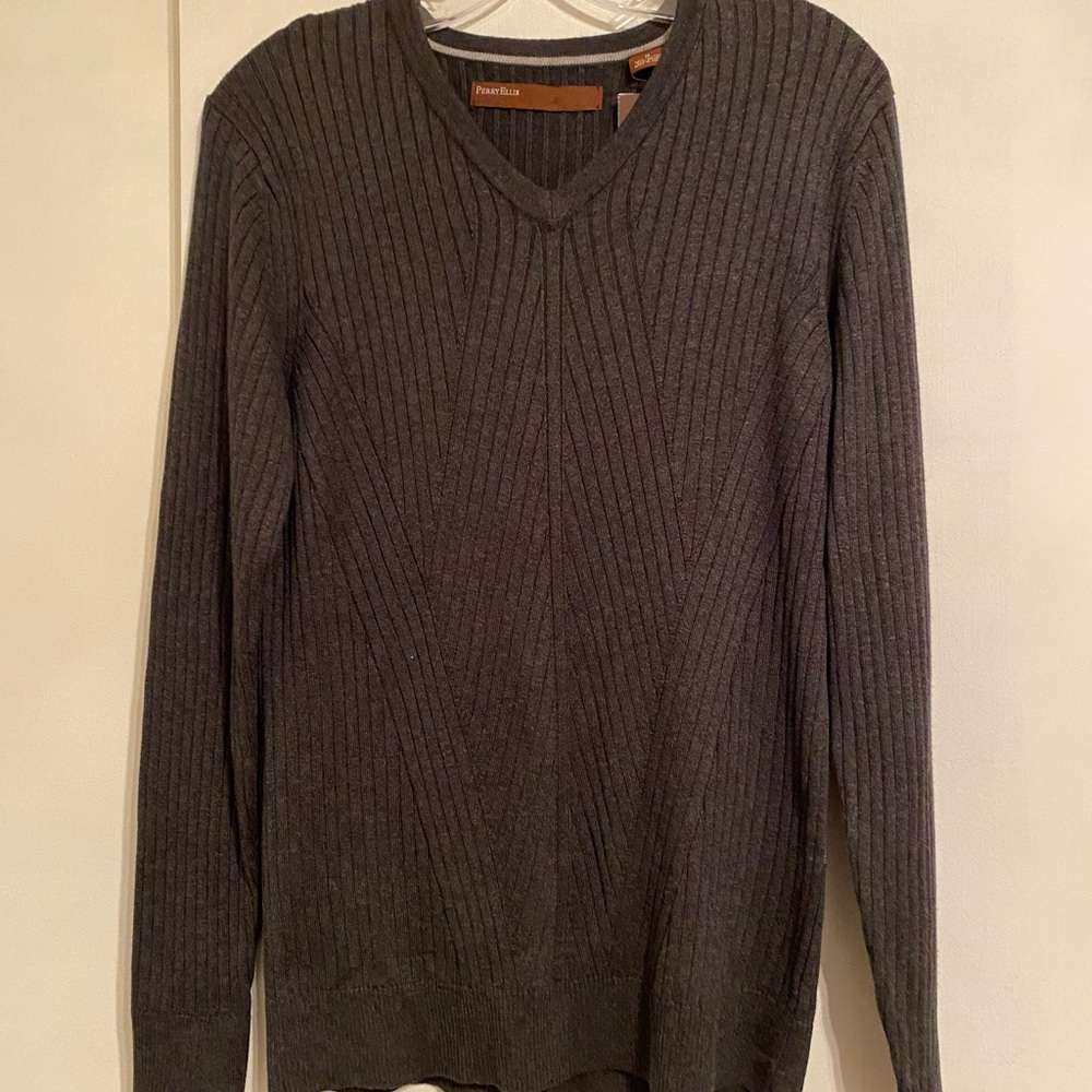 Perry Ellis Charcoal V-Neck Rib Knit Long Sleeve Preppy, Classic Sweater,Medium